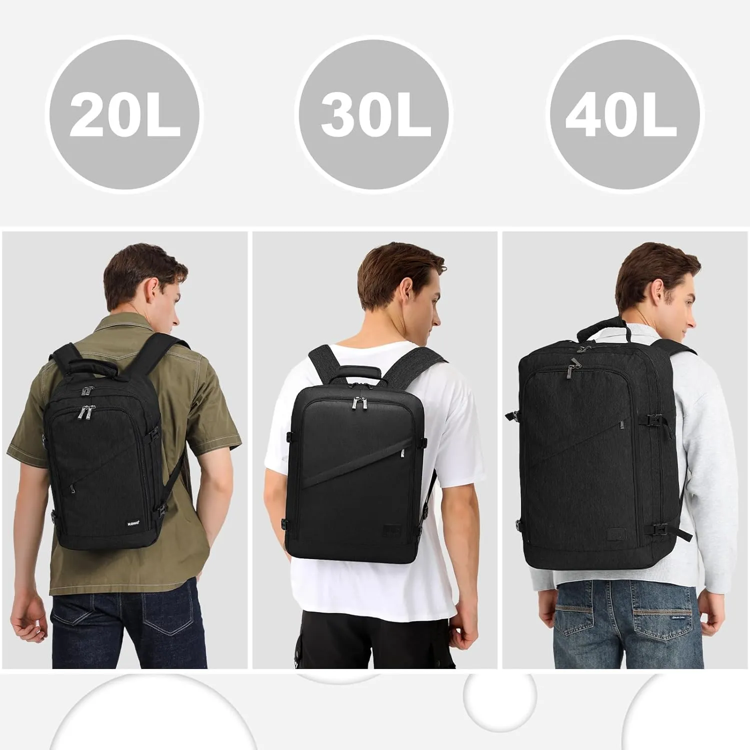Kono Carry on Backpack, 22" Airplane Approved Travel Backpack for Men and Women, Waterproof Lightweight Daypack for Flight 40L (Black, Large)