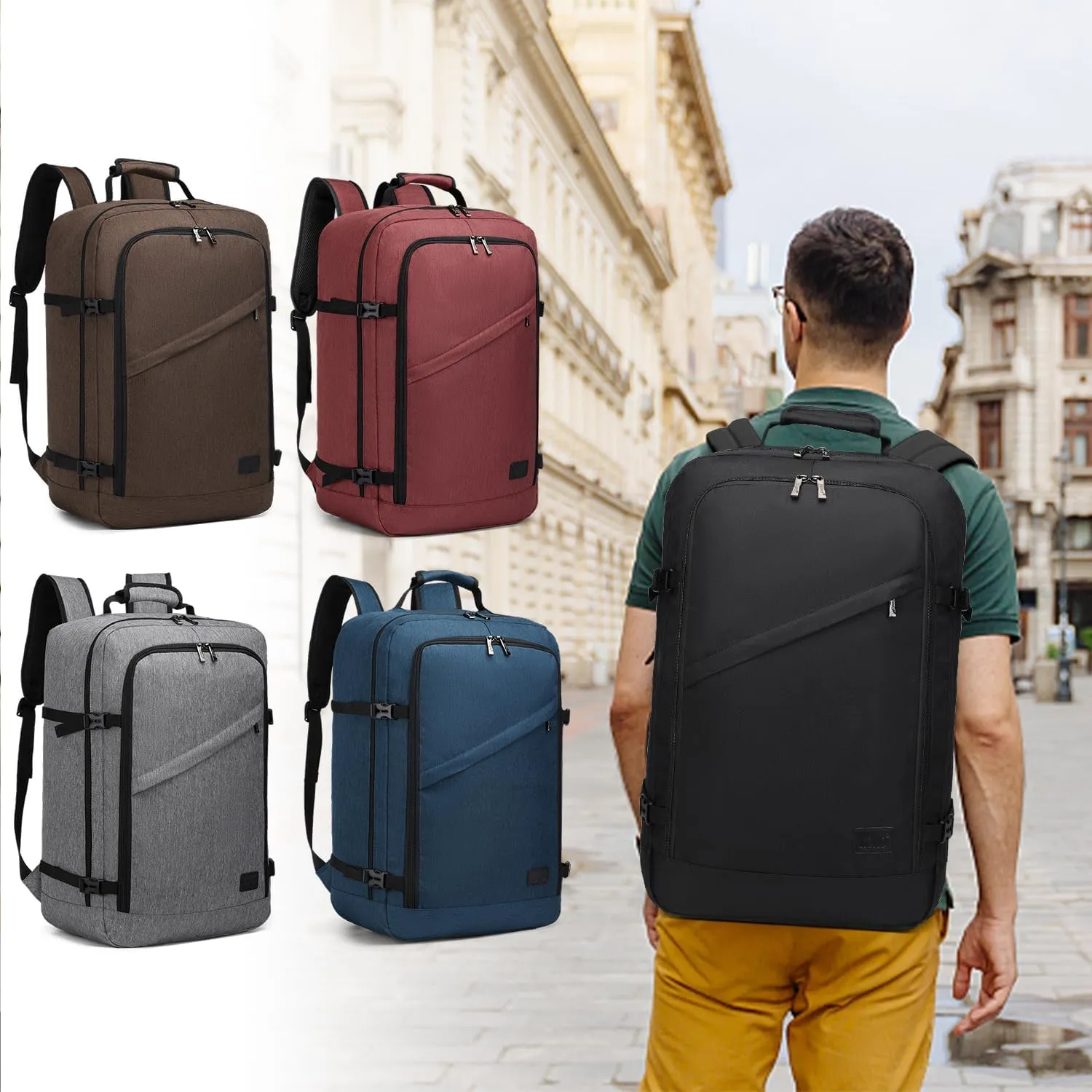 Kono Carry on Backpack, 22" Airplane Approved Travel Backpack for Men and Women, Waterproof Lightweight Daypack for Flight 40L (Black, Large)