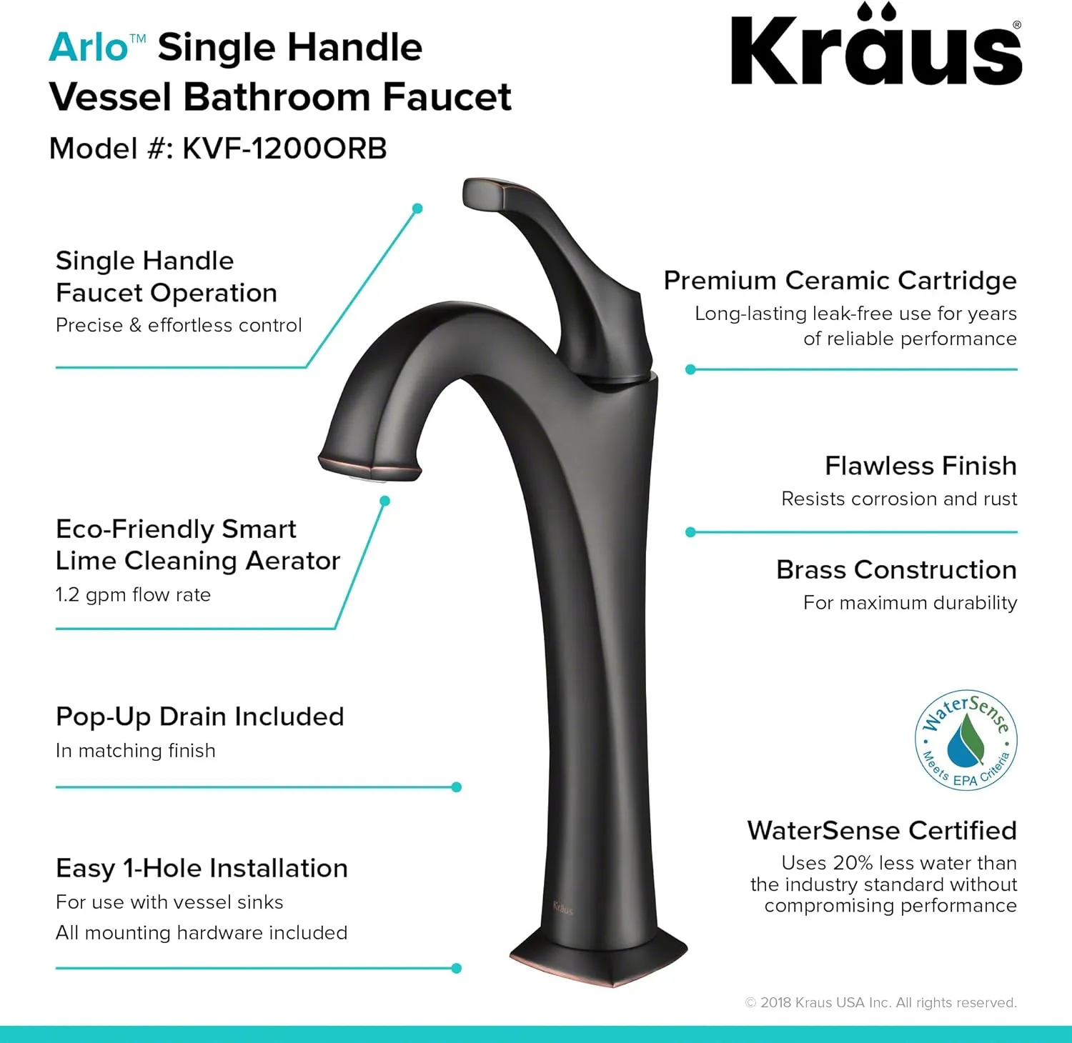 KRAUS KVF-1200ORB Arlo Single Handle Vessel Bathroom Faucet with Pop Up Drain, Oil Rubbed Bronze
