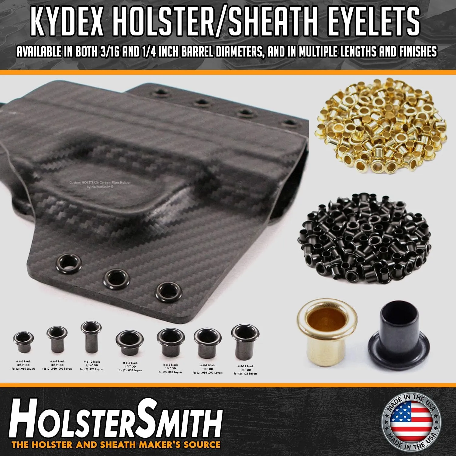 Kydex Holster Eyelets - (#8-9 Length) - (1/4 in. Diameter) - (Black Coated) - (100 Pack) - (USA Made) - Kydex Rivets for DIY Holster and Sheath Making