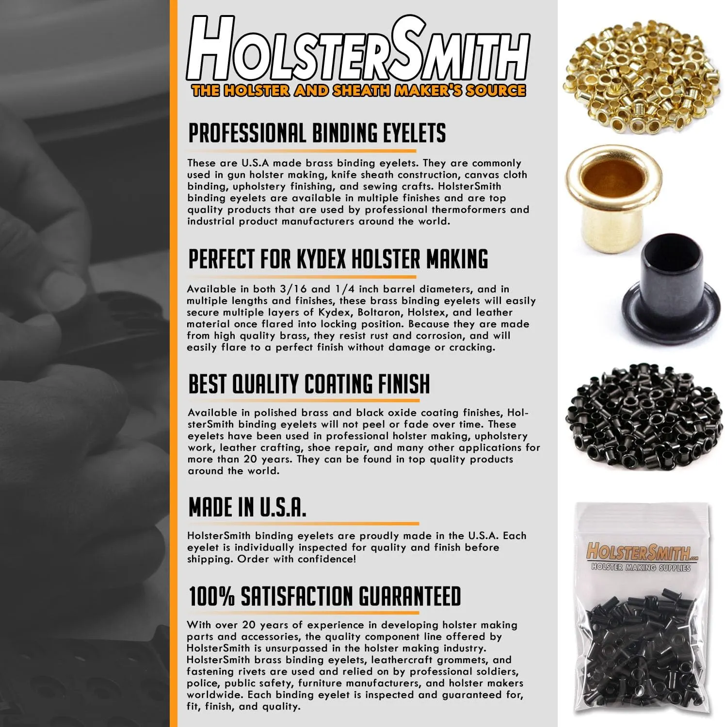 Kydex Holster Eyelets - (#8-9 Length) - (1/4 in. Diameter) - (Black Coated) - (100 Pack) - (USA Made) - Kydex Rivets for DIY Holster and Sheath Making