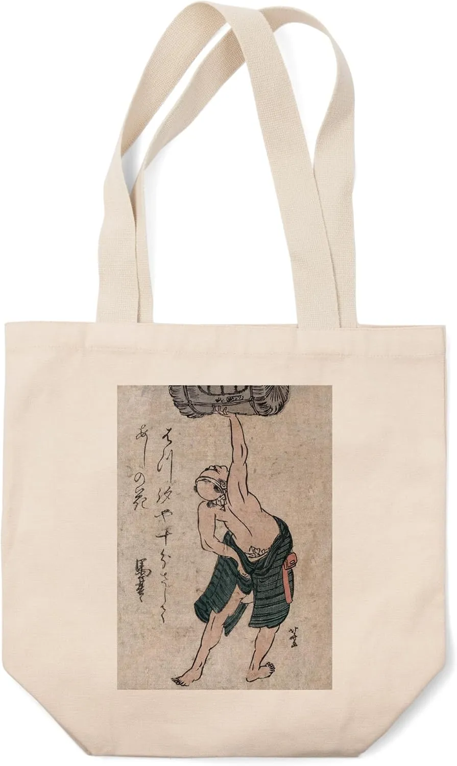 Lantern Press A Man Lifting a Sake Barrel Japanese Wood-Cut Print (100% Cotton Canvas Reusable Tote Bag)