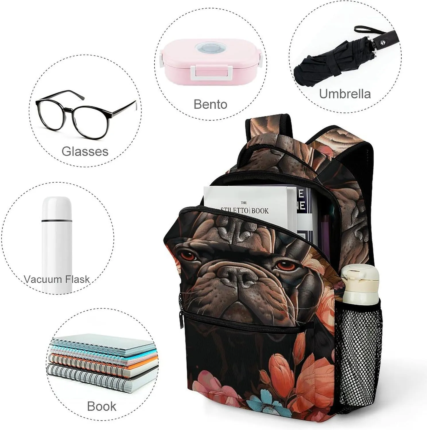 Laptop Backpack for Men Women Lightweight Daypack with Compartment Rucksack Bulldog And Flowers Laptop Bag