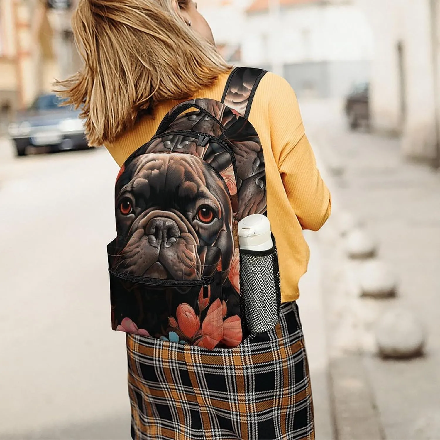 Laptop Backpack for Men Women Lightweight Daypack with Compartment Rucksack Bulldog And Flowers Laptop Bag