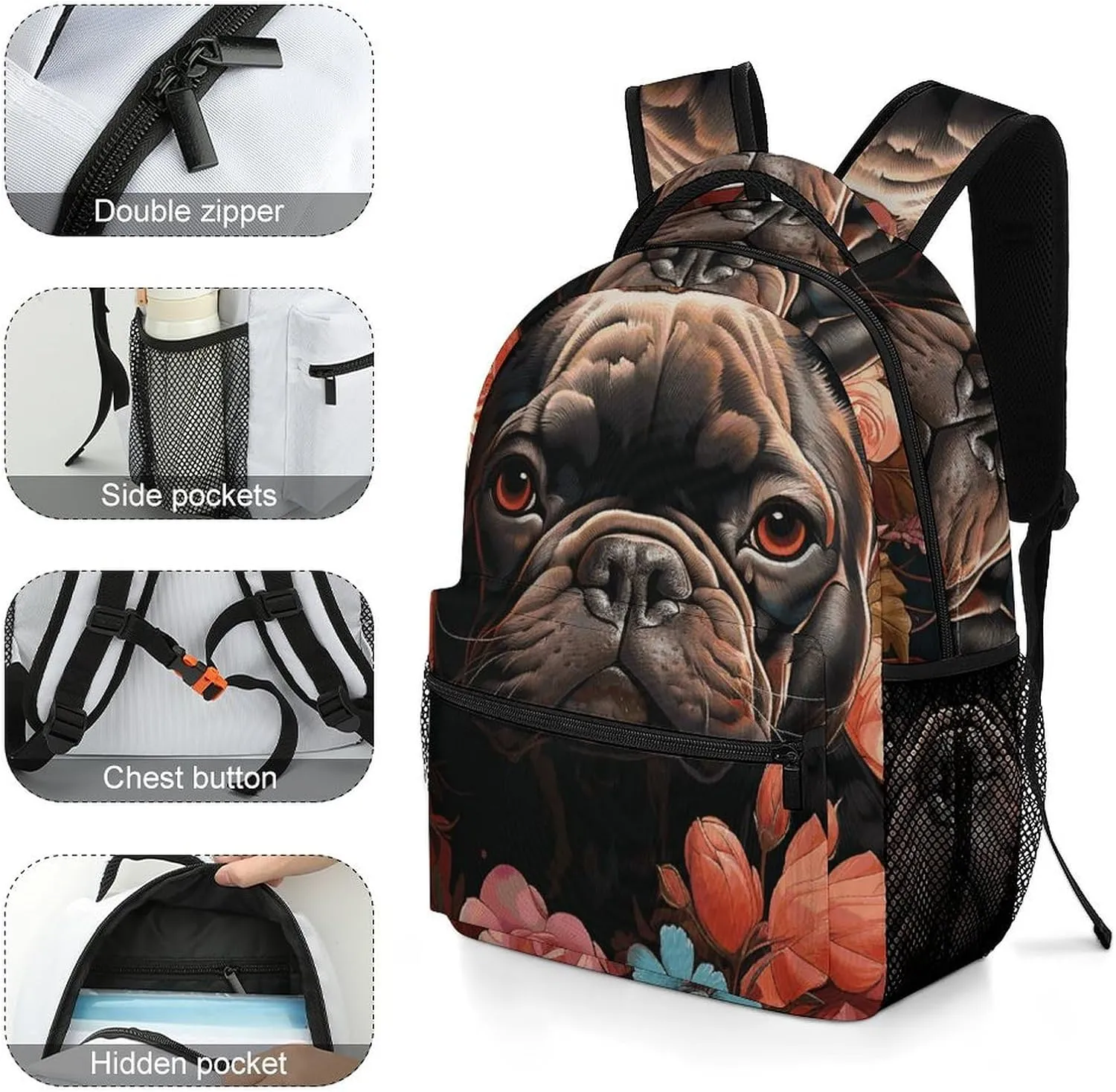 Laptop Backpack for Men Women Lightweight Daypack with Compartment Rucksack Bulldog And Flowers Laptop Bag