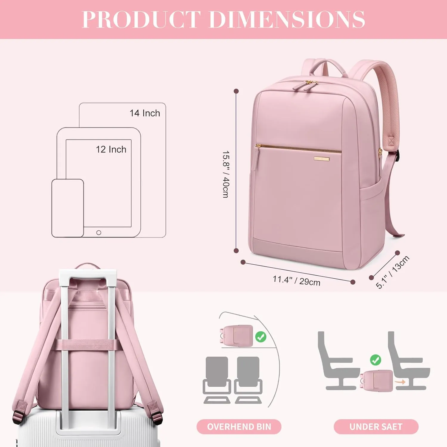 Laptop Backpack for Women - Business Travel Anti Theft Laptop Bag Backpack Water Resistant College Computer Backpacks for Men Women Fits 14Inch Notebook (Pink)