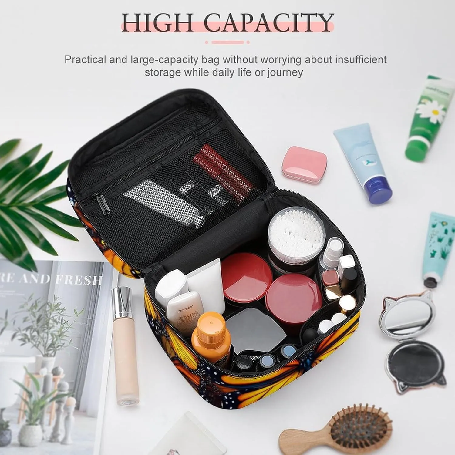 Large Capacity Makeup Organizer Bag, Portable Stylish Cosmetic Case with Zipper Pouch Beautiful Orange Monarch Butterfly Toiletry Storage Bag Travel Accessories