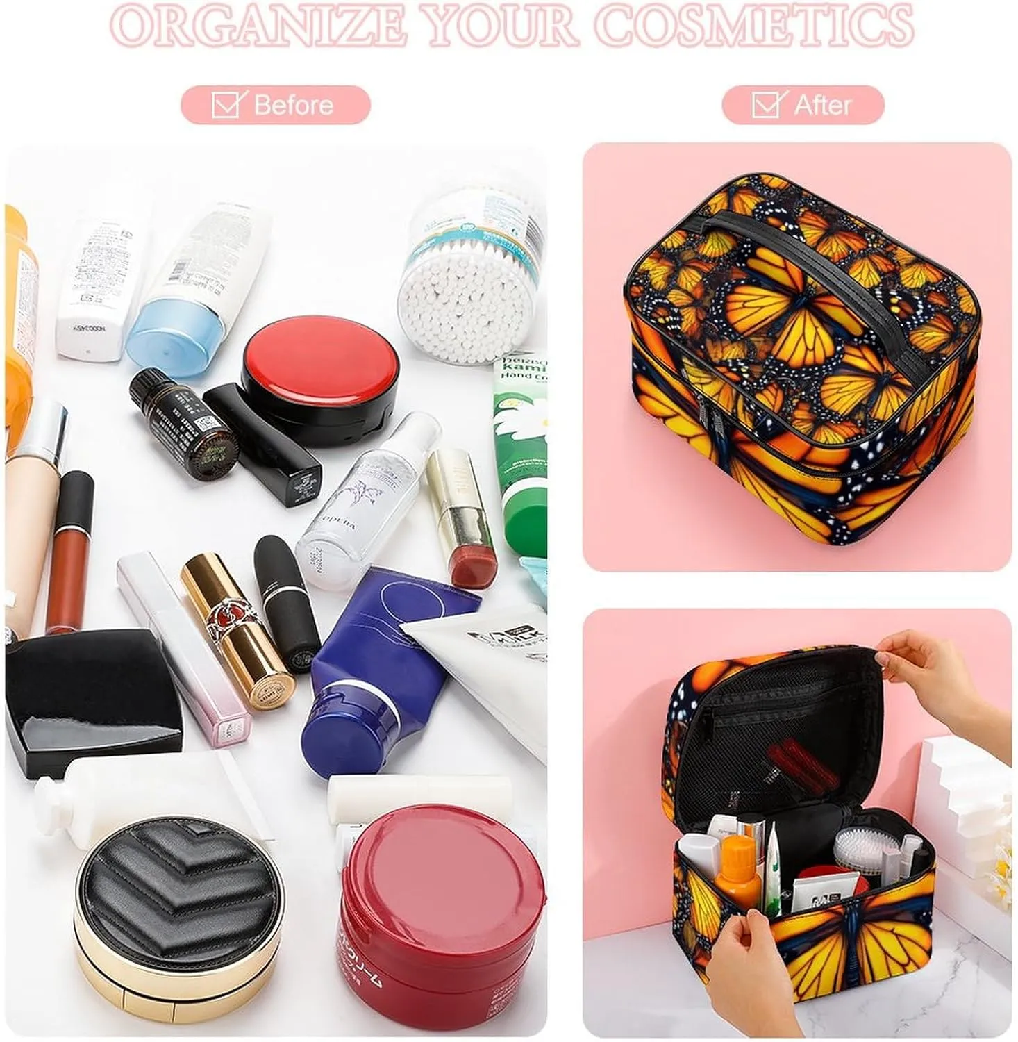 Large Capacity Makeup Organizer Bag, Portable Stylish Cosmetic Case with Zipper Pouch Beautiful Orange Monarch Butterfly Toiletry Storage Bag Travel Accessories