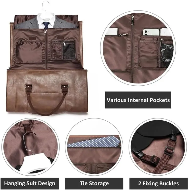 Large Capacity Waterproof Travel Bag Carrying Garment Bag Leather Garment Duffel Bag Men Suit Travel Bag(Black)