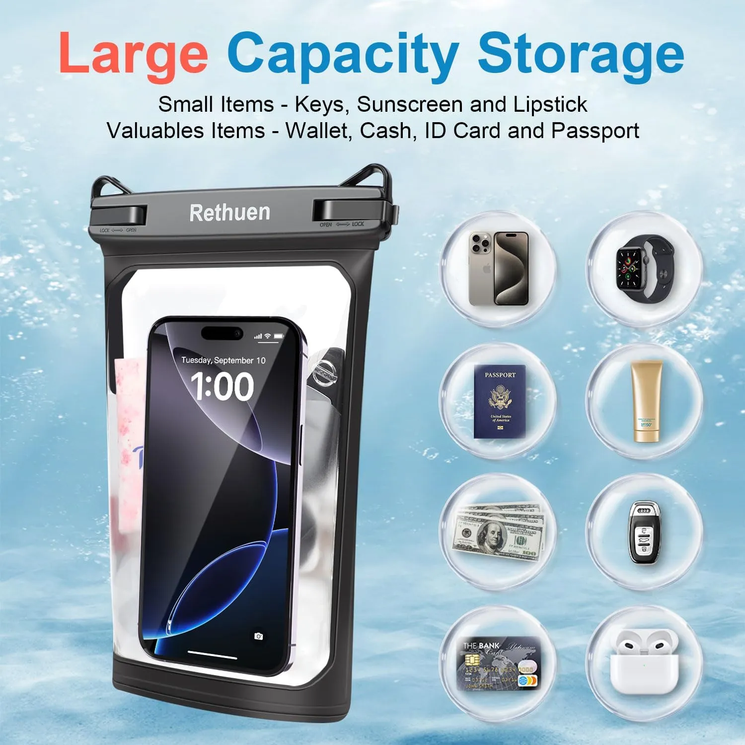 Large Waterproof Phone Pouch, Floating Water Proof Bag for iPhone 16 15 14 13 12 Pro Max Galaxy S24 S23 S22 All Phones, Cell Phone Dry Bag for Beach Cruise Swimming Rafting Boating (Black   Black)