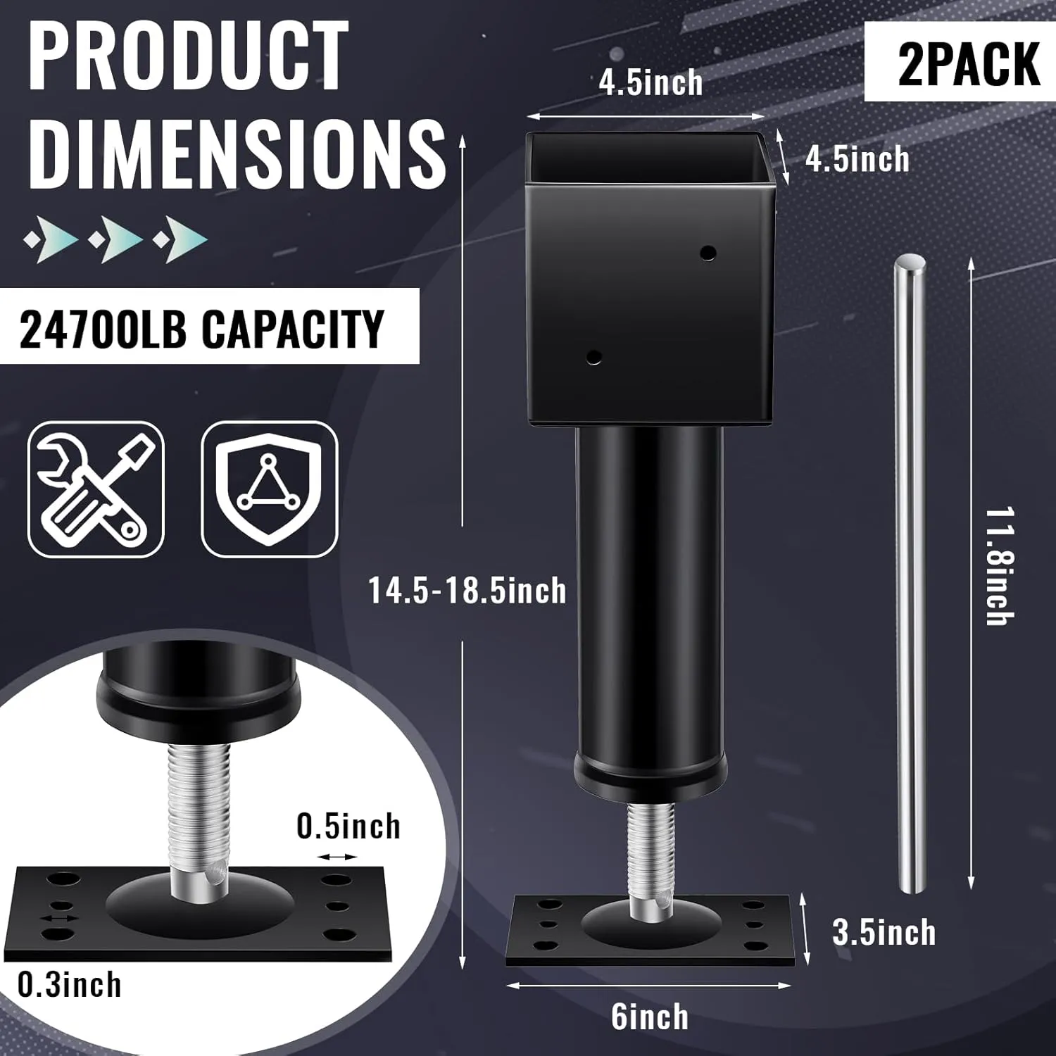 Lasnten 2 Pcs 4.5x4.5 Screw Jack Post 14.5" - 18.5" Height Range 24700 lbs Load Capacity Adjustable Temporary House Jacks for Leveling Flooring Basement Shore Beams Foundation Repair(Black)