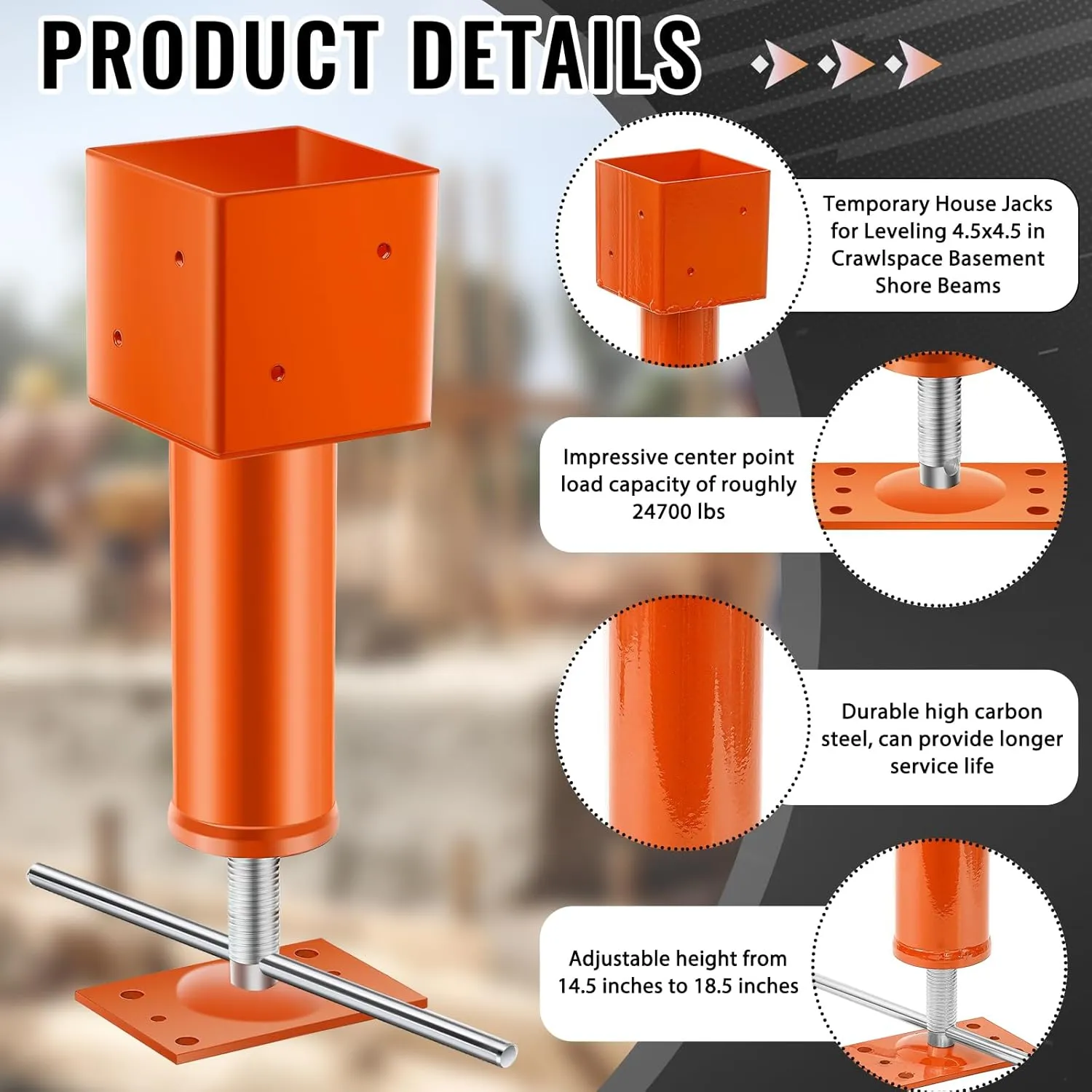 Lasnten 2 Pcs 4.5x4.5 Screw Jack Post 14.5" - 18.5" Height Range 24700 lbs Load Capacity Adjustable Temporary House Jacks for Leveling Flooring Basement Shore Beams Foundation Repair(Orange)