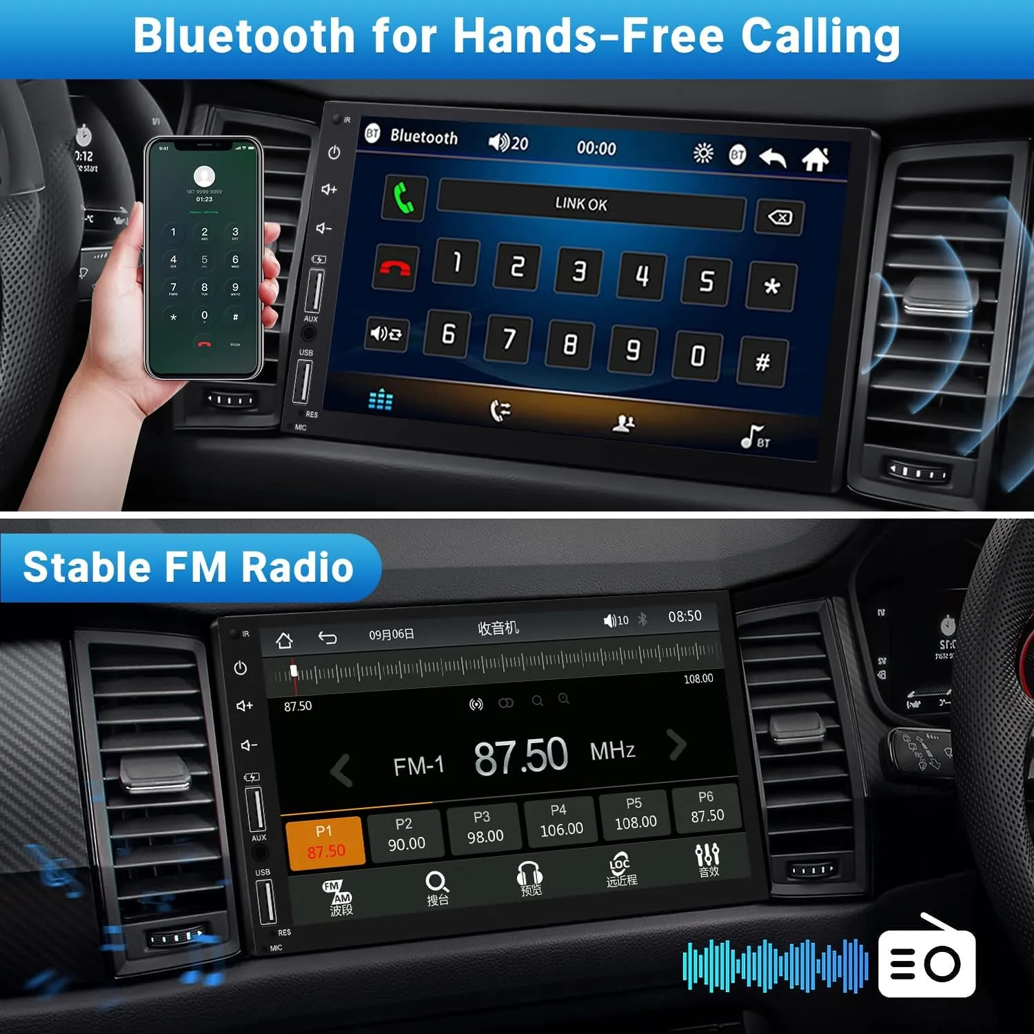 Leadfan Double Din Car Stereo Radio Support Apple Carplay&Android Auto, 7inch HD Touchscreen Double Din Radio with Bluetooth, Car Audio Receivers, Camera, MirrorLink, FM Radio, 2 USB/TF/AUX/Subwoofer