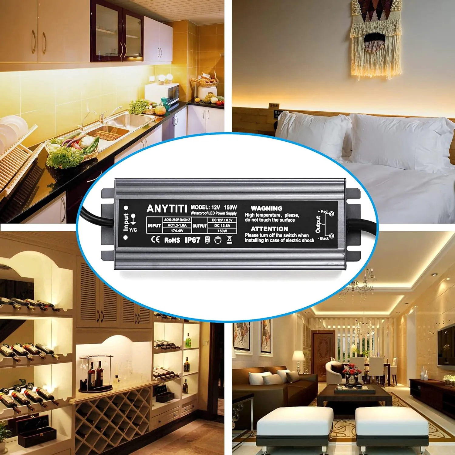LED Driver,LED Power Supply IP67 Waterproof Output 150W DC12V 12.5A 3-Prong Plug 4.5feet