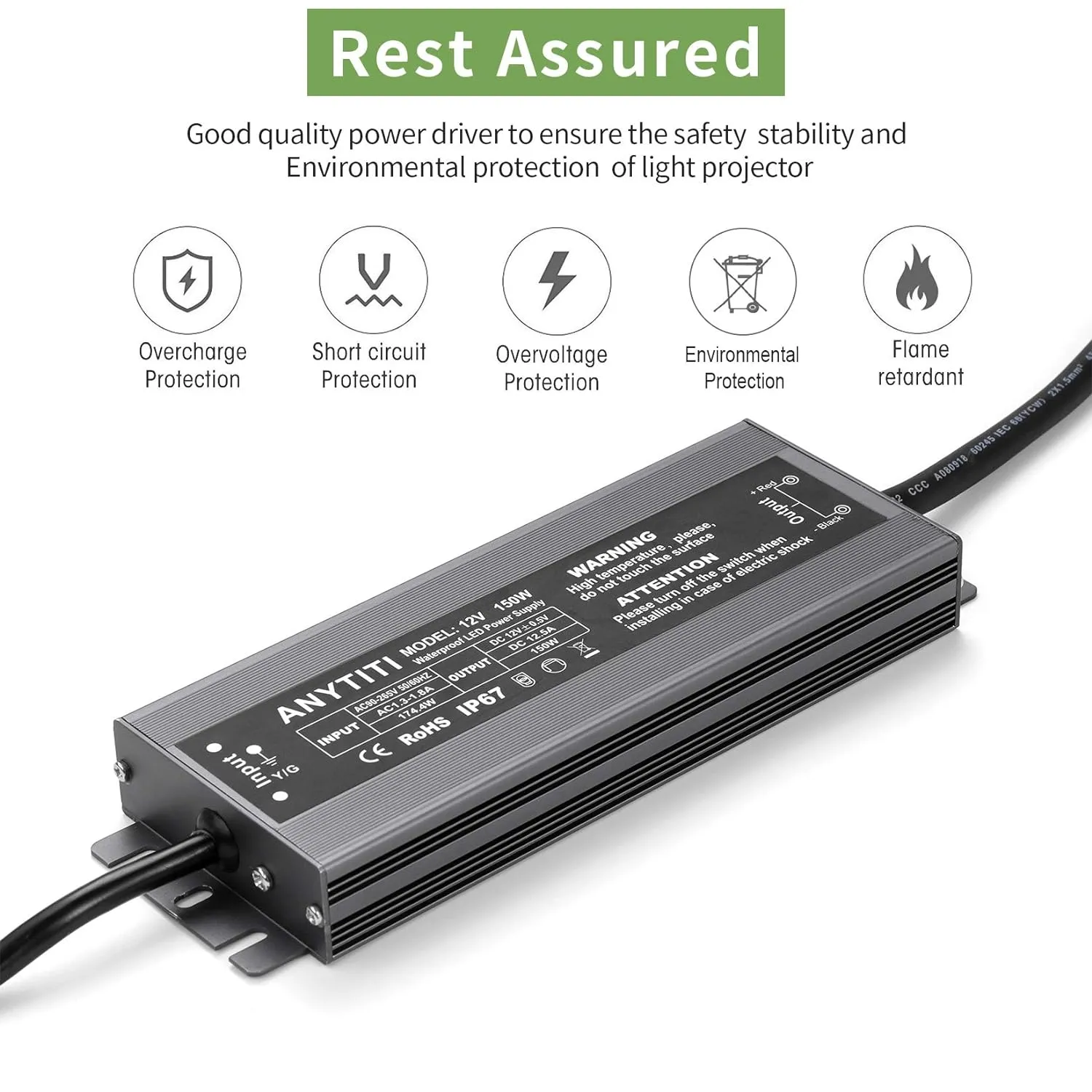 LED Driver,LED Power Supply IP67 Waterproof Output 150W DC12V 12.5A 3-Prong Plug 4.5feet