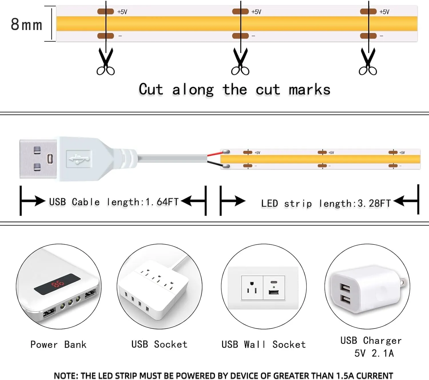 LED Strip Lights USB Short Light Strips, 6500K Bright White Not Dimmable 5V COB Small LED Strip for Indoor Bedroom Kitchen DIY Home Decor Display Cabinet 5V LED TV Lighting (3 Pack 3.28FT)