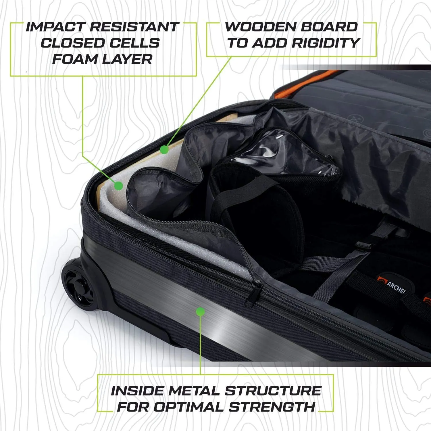 LEGEND Everest Hybrid Roller Lockable Compound Bow Case - Metal Structure, Foam Padding, Tricot Lining, Fastening Straps, Cam Protector, Front Pockets, Removable Wheels - Airline-Endorsed Archery Case