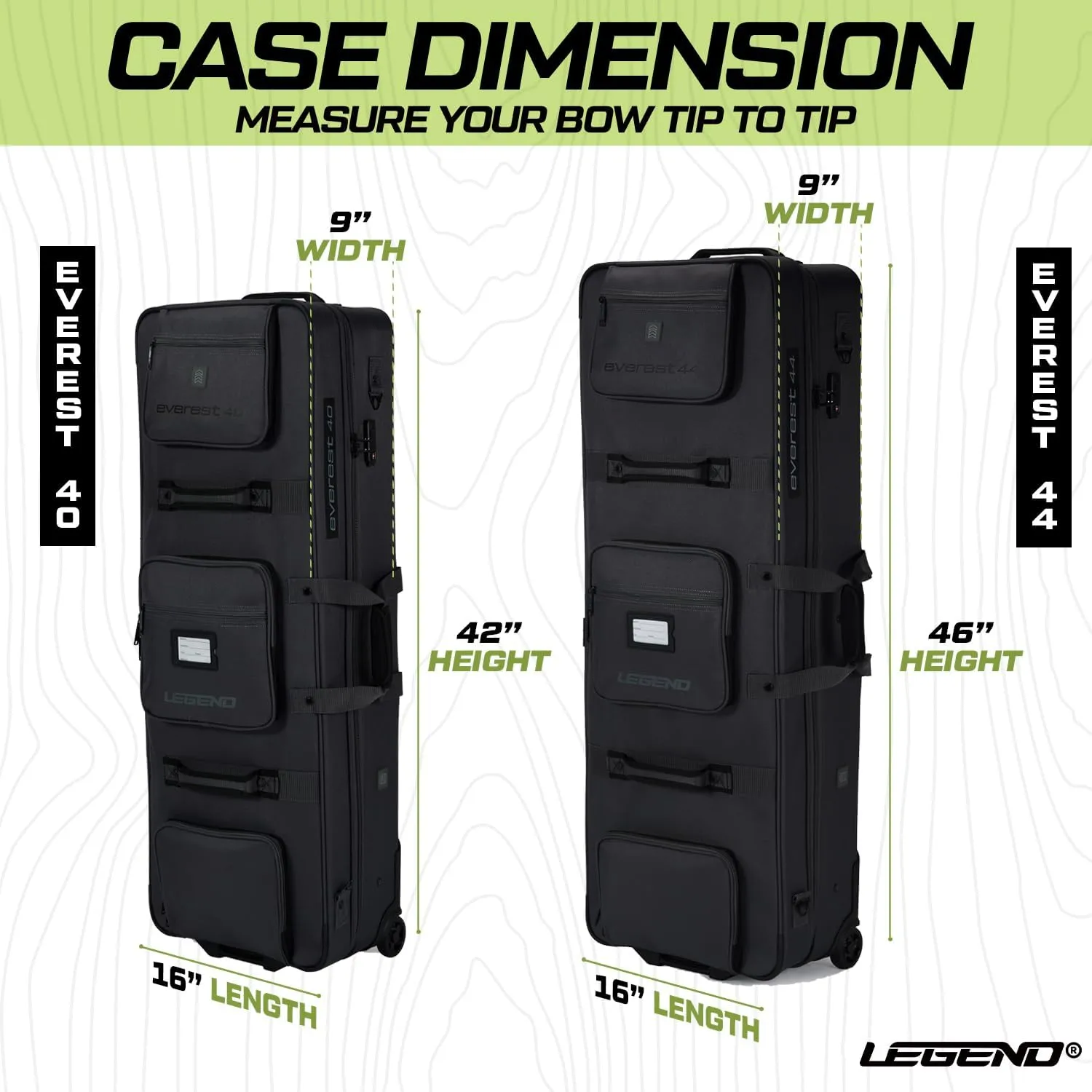LEGEND Everest Hybrid Roller Lockable Compound Bow Case - Metal Structure, Foam Padding, Tricot Lining, Fastening Straps, Cam Protector, Front Pockets, Removable Wheels - Airline-Endorsed Archery Case