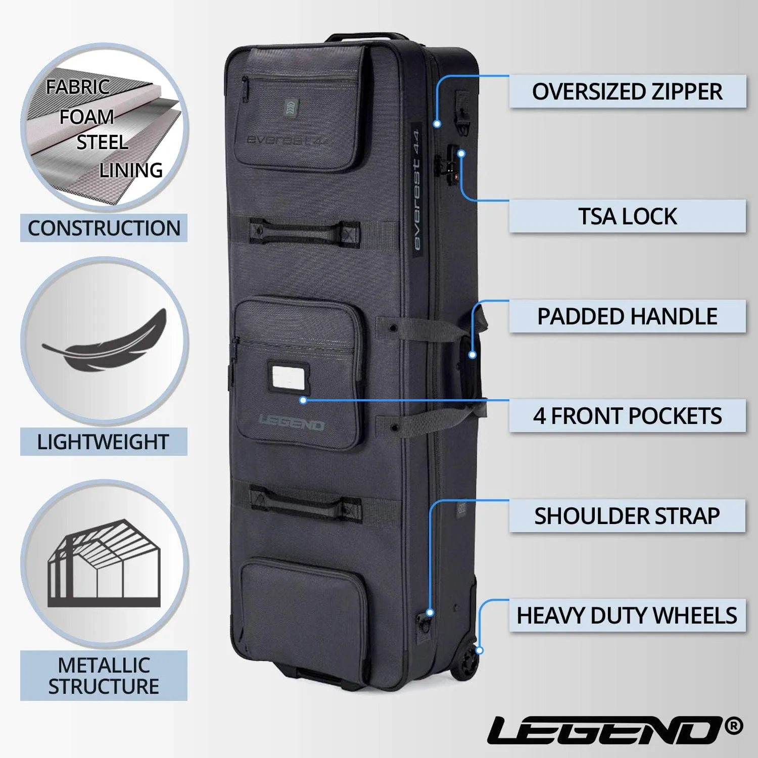 LEGEND Everest Hybrid Roller Lockable Compound Bow Case - Metal Structure, Foam Padding, Tricot Lining, Fastening Straps, Cam Protector, Front Pockets, Removable Wheels - Airline-Endorsed Archery Case