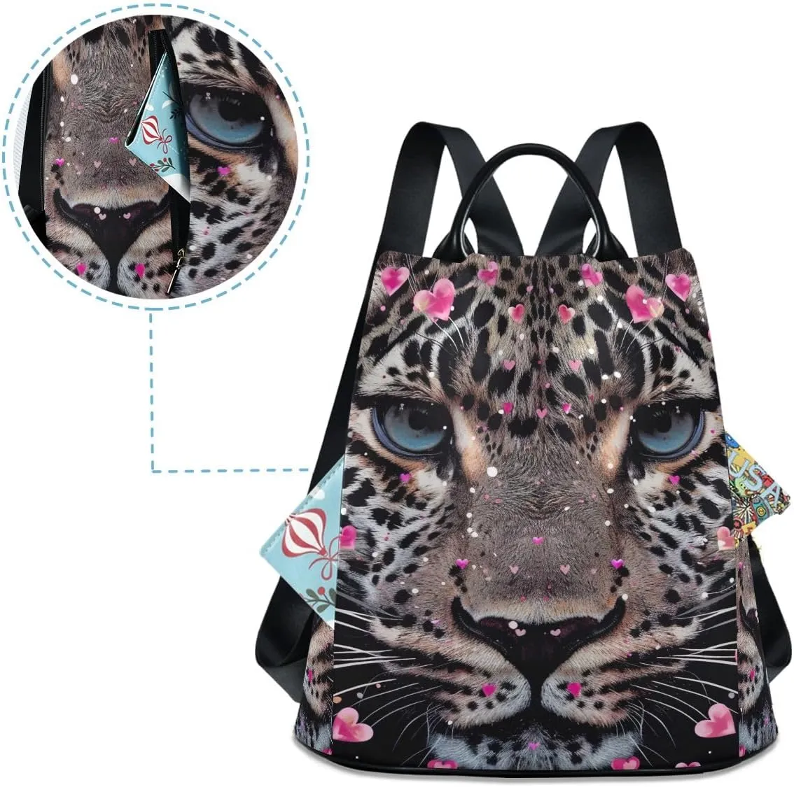 Leopard Face Hearts Rucksack Backpack for Women Anti Theft Back Zipper Pocket Design Travel Bag with Pompom