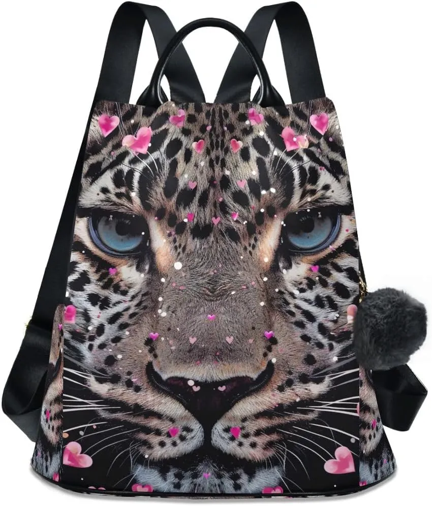 Leopard Face Hearts Rucksack Backpack for Women Anti Theft Back Zipper Pocket Design Travel Bag with Pompom