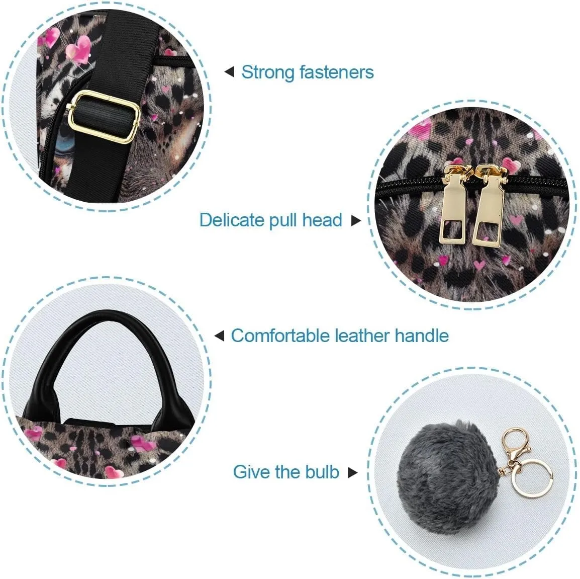 Leopard Face Hearts Rucksack Backpack for Women Anti Theft Back Zipper Pocket Design Travel Bag with Pompom