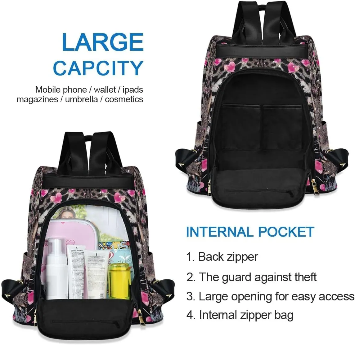 Leopard Face Hearts Rucksack Backpack for Women Anti Theft Back Zipper Pocket Design Travel Bag with Pompom