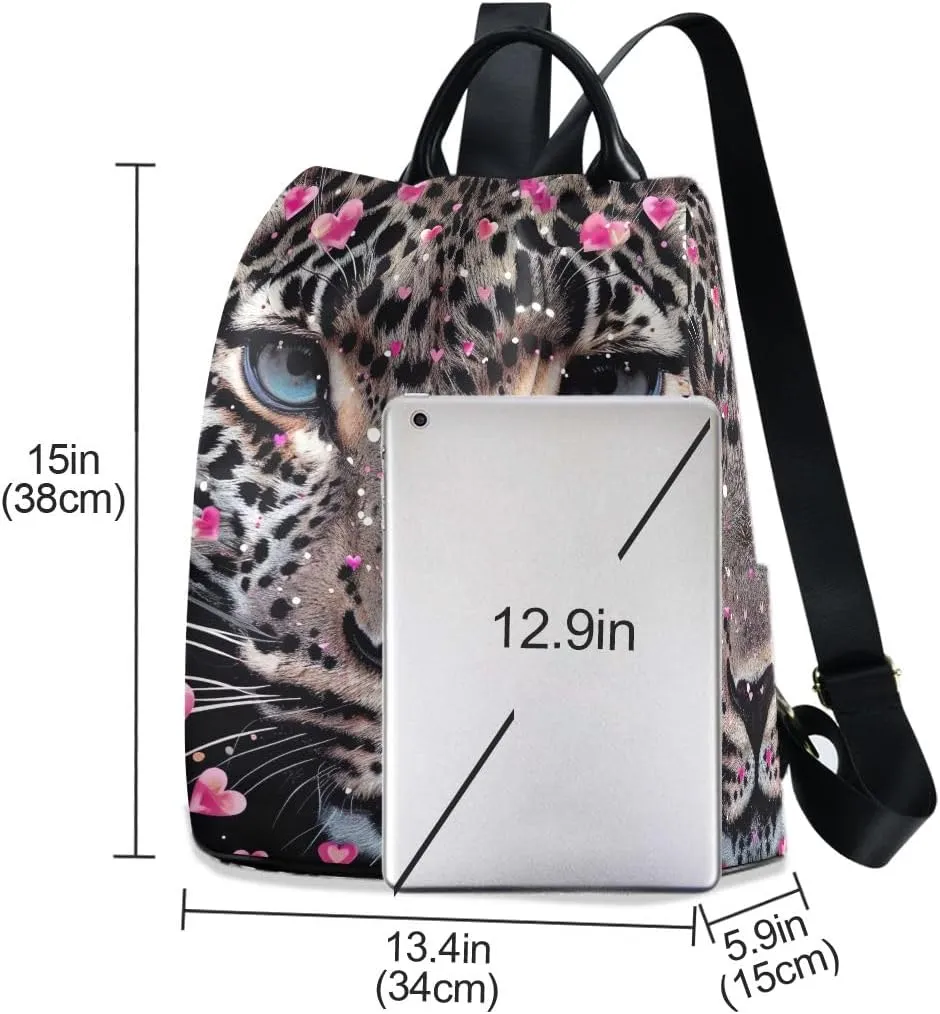 Leopard Face Hearts Rucksack Backpack for Women Anti Theft Back Zipper Pocket Design Travel Bag with Pompom