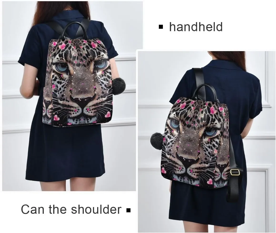 Leopard Face Hearts Rucksack Backpack for Women Anti Theft Back Zipper Pocket Design Travel Bag with Pompom