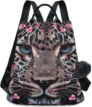 Leopard Face Hearts Rucksack Backpack for Women Anti Theft Back Zipper Pocket Design Travel Bag with Pompom