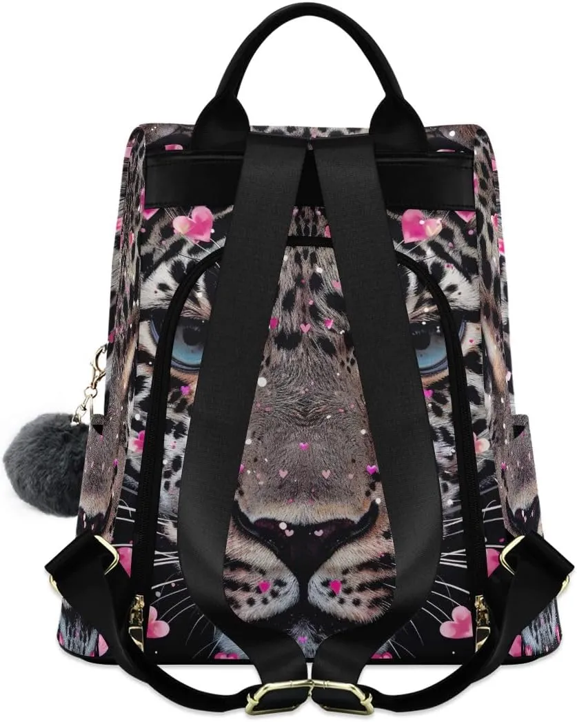 Leopard Face Hearts Rucksack Backpack for Women Anti Theft Back Zipper Pocket Design Travel Bag with Pompom