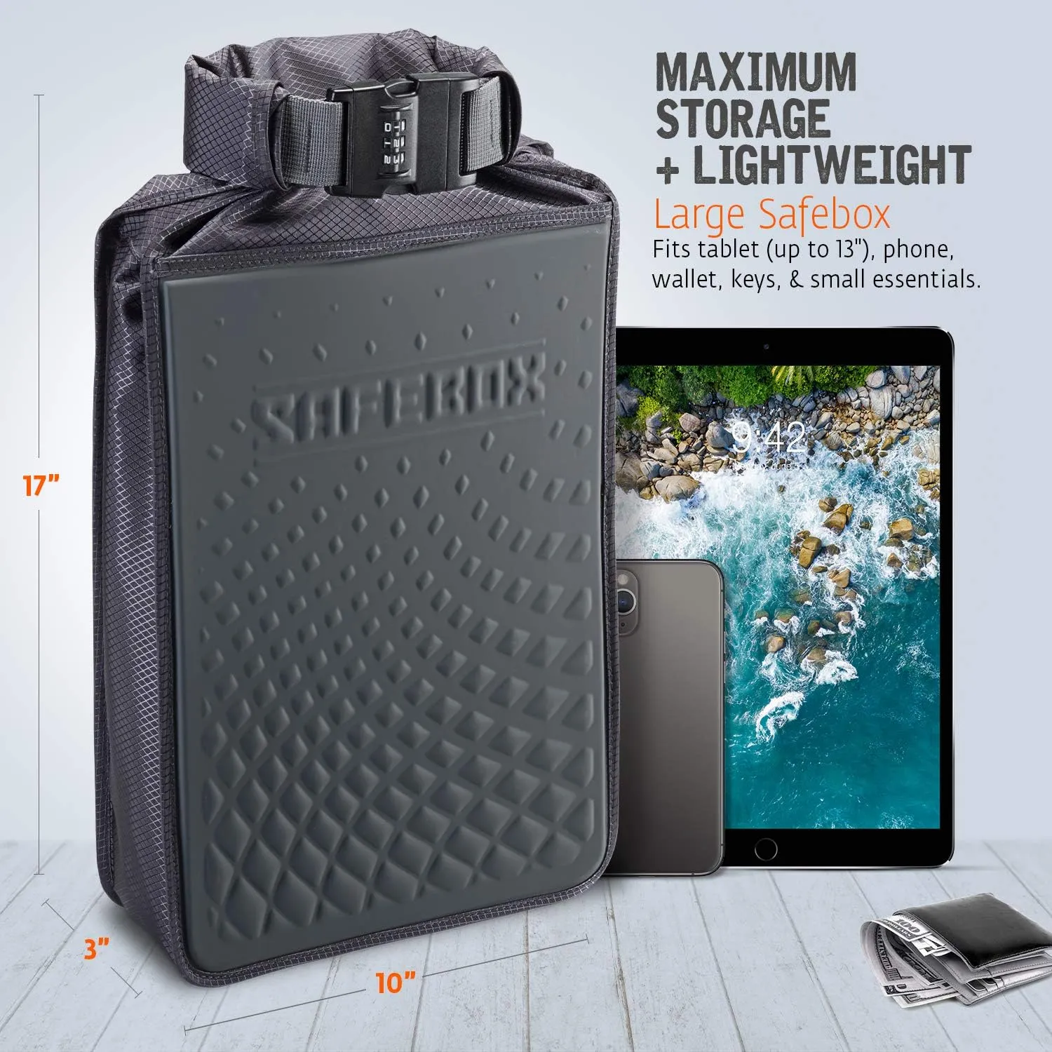 Lewis N. Clark Safebox Portable Safe with Anti Theft Combination Lock and Slash Resistant Material to Protect Wallet, iPhone and Valuables at the Beach, Pool, Camping   Hotel, Large
