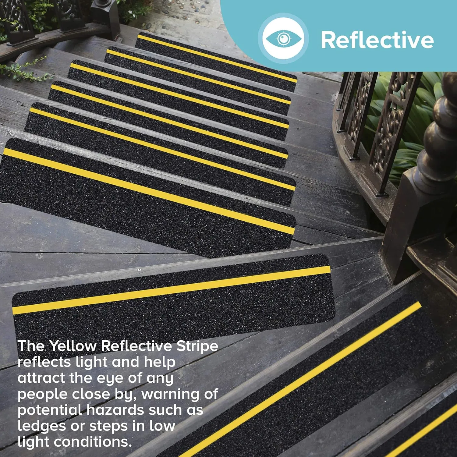 LifeGrip Anti Slip Traction Treads with Reflective Stripe (10-Pack), 6" X 28", Best Grip Tape Grit Non Slip, Outdoor Non Skid Tape, High Traction Friction Abrasive Adhesive for Stairs Step, Black