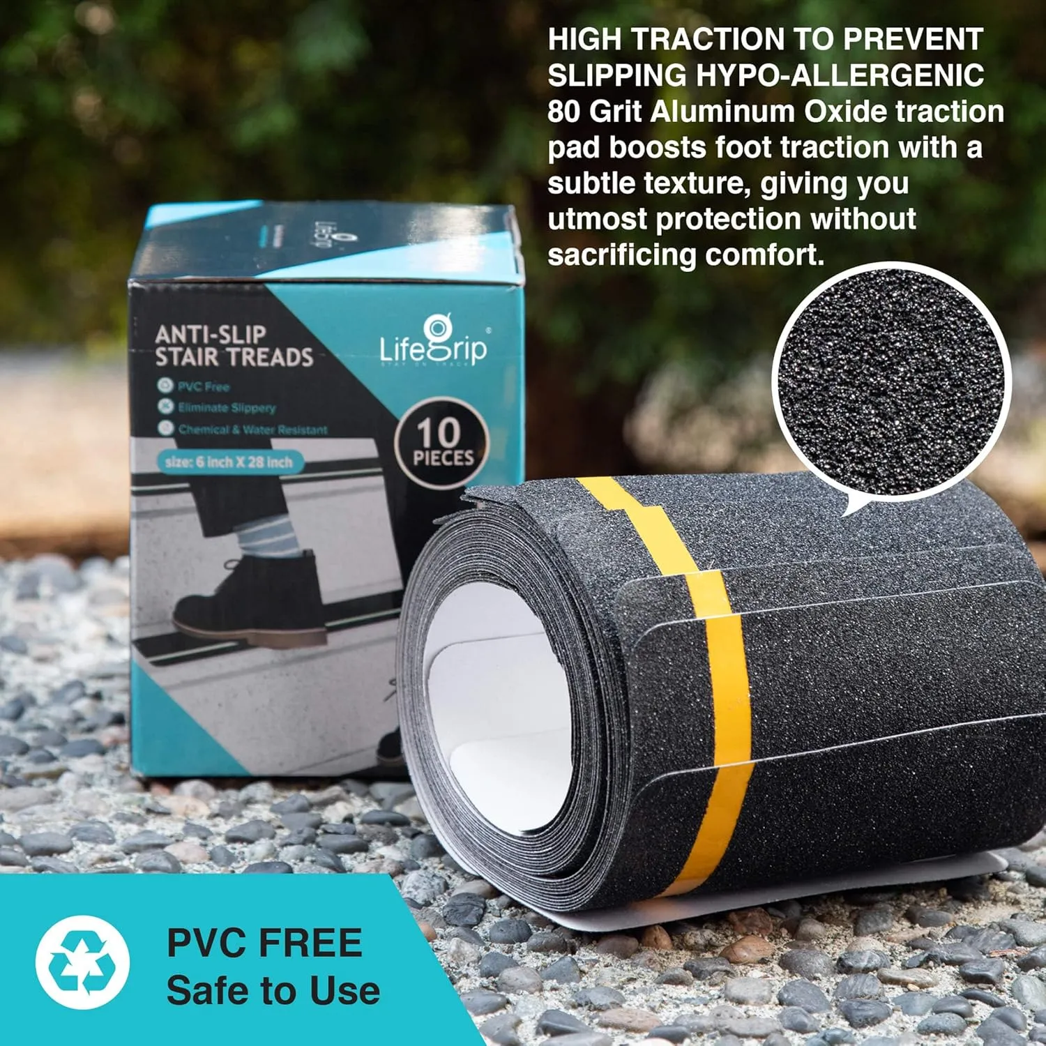 LifeGrip Anti Slip Traction Treads with Reflective Stripe (10-Pack), 6" X 28", Best Grip Tape Grit Non Slip, Outdoor Non Skid Tape, High Traction Friction Abrasive Adhesive for Stairs Step, Black