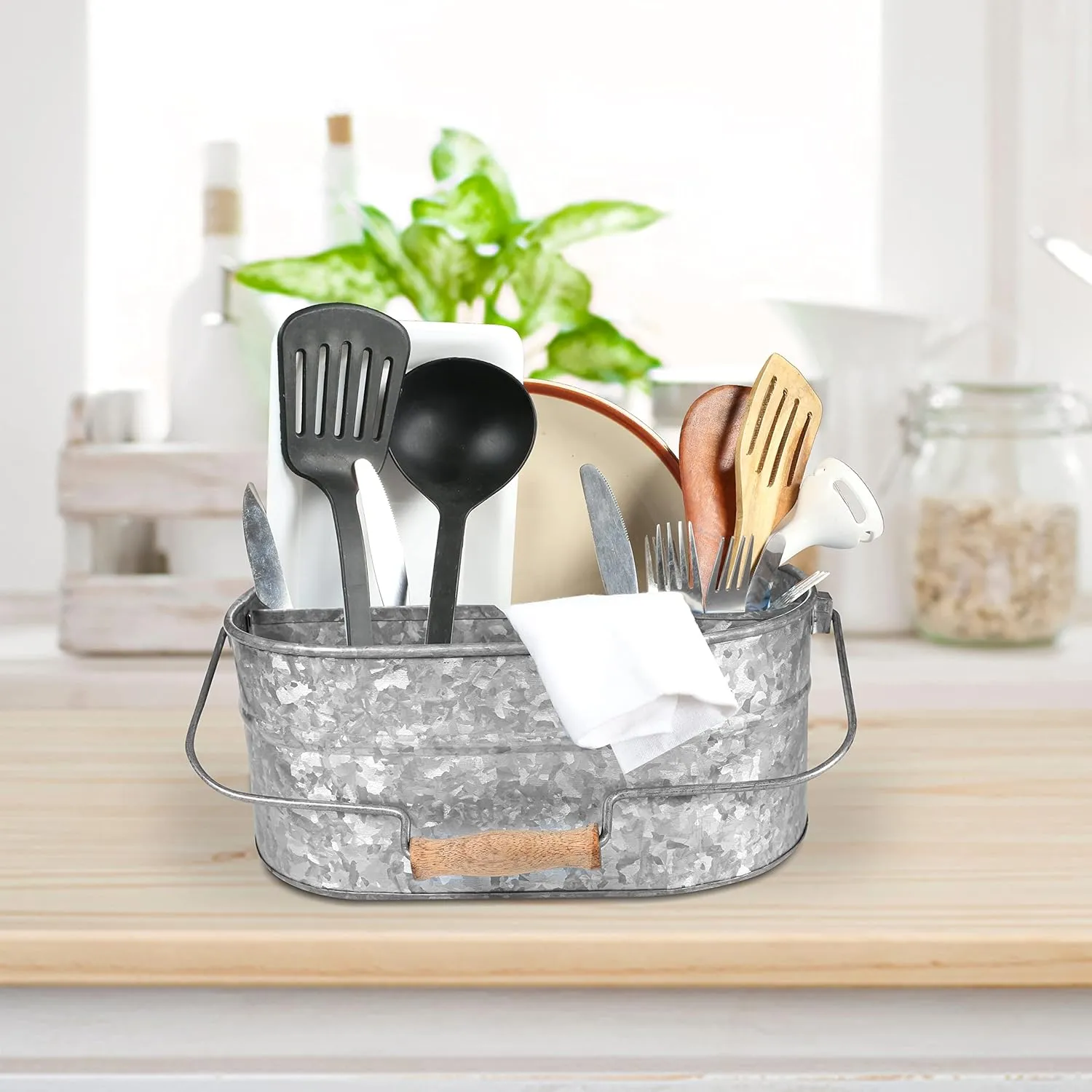 Light & Pro Multipurpose Galvanized Rustic Farmhouse Caddy - Metal 4 Compartment Storage Bin Caddy with Wooden Handle Perfect for Kitchen Utensils, Picnic, Garden Planter - Hammered - Antique Grey