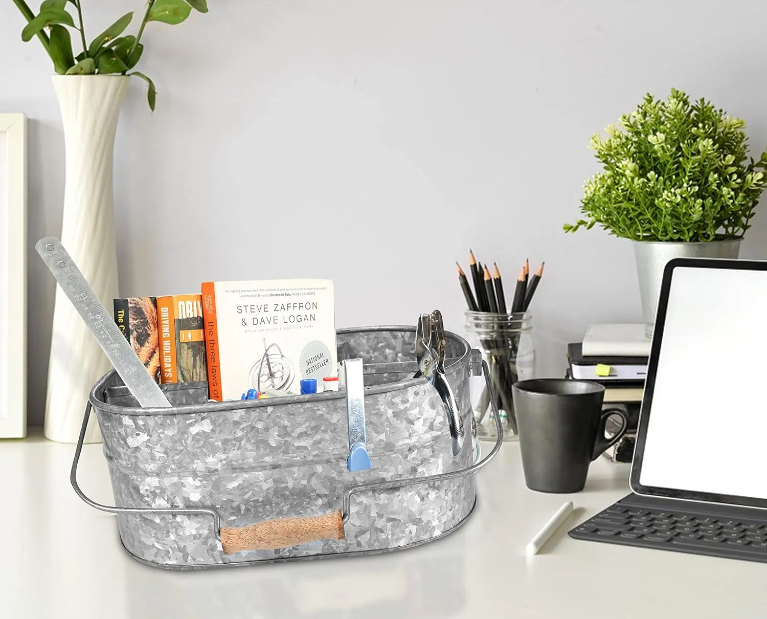 Light & Pro Multipurpose Galvanized Rustic Farmhouse Caddy - Metal 4 Compartment Storage Bin Caddy with Wooden Handle Perfect for Kitchen Utensils, Picnic, Garden Planter - Hammered - Antique Grey