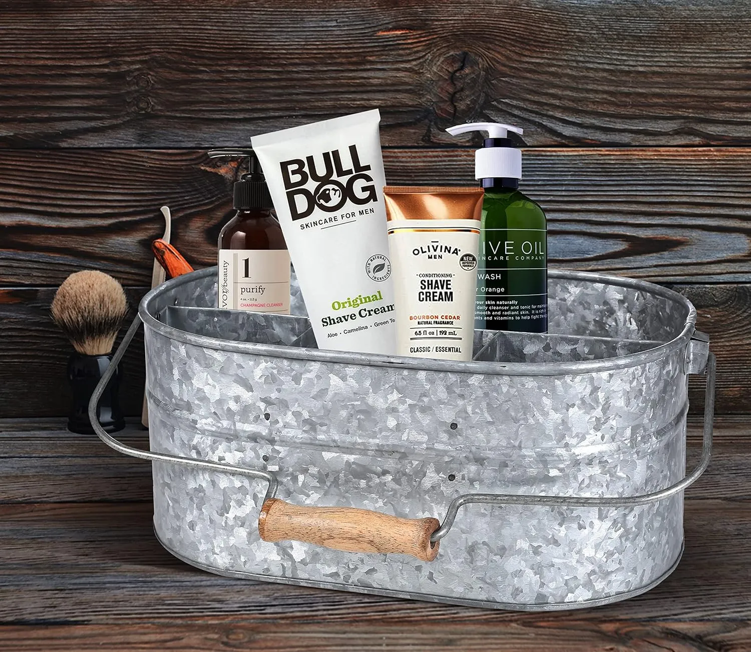 Light & Pro Multipurpose Galvanized Rustic Farmhouse Caddy - Metal 4 Compartment Storage Bin Caddy with Wooden Handle Perfect for Kitchen Utensils, Picnic, Garden Planter - Hammered - Antique Grey