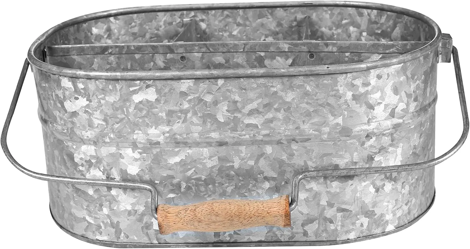 Light & Pro Multipurpose Galvanized Rustic Farmhouse Caddy - Metal 4 Compartment Storage Bin Caddy with Wooden Handle Perfect for Kitchen Utensils, Picnic, Garden Planter - Hammered - Antique Grey