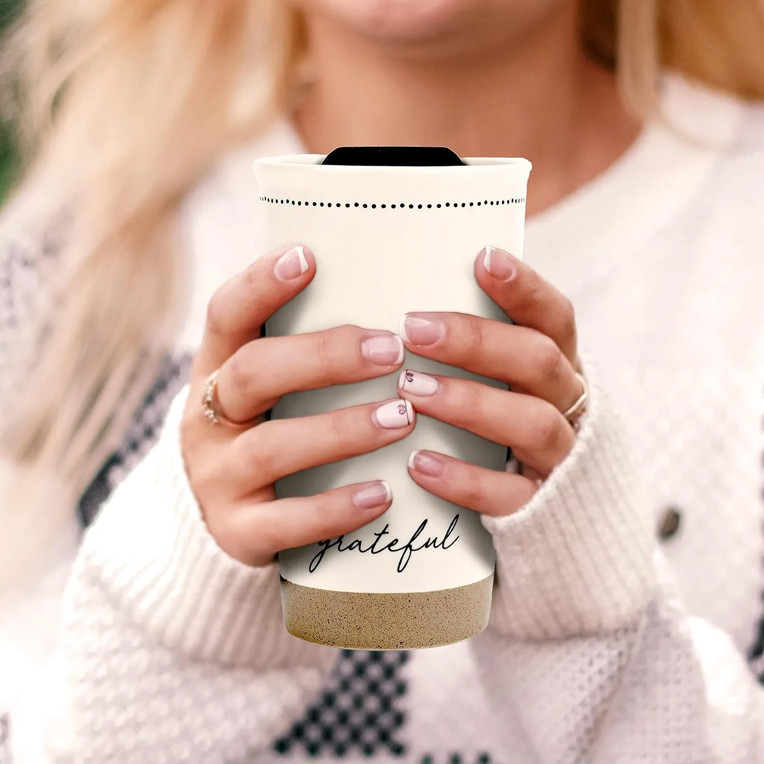 Lighthouse Christian Products Pin Dot Classic White 12 ounce Ceramic Travel Tumbler Mug, Grateful