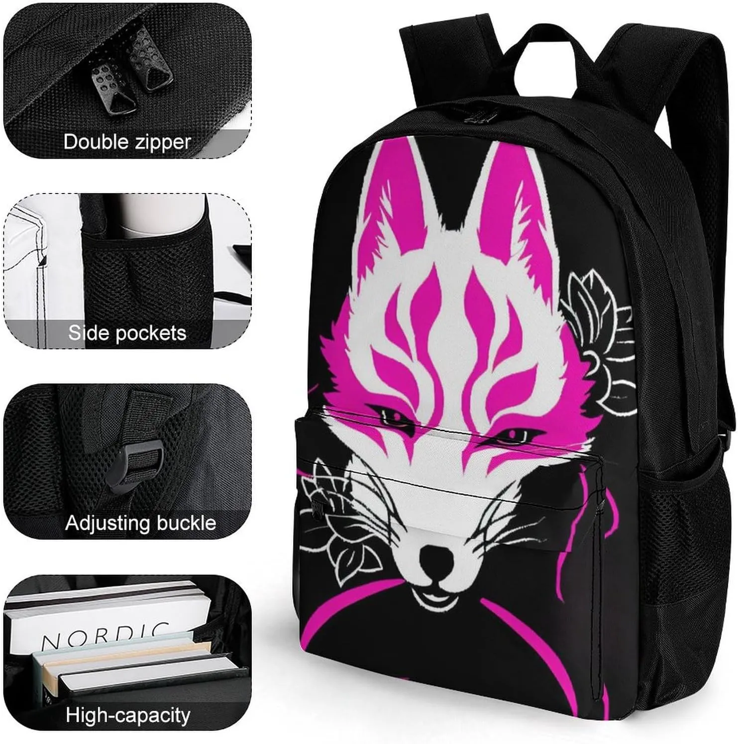 Lightweight Rucksack for Sports Travel Running - Big Capacity Multipurpose Anti-Theft Bookbag, Japanese Kitsune Mask Art Travel and Sport Backpack Rucksack