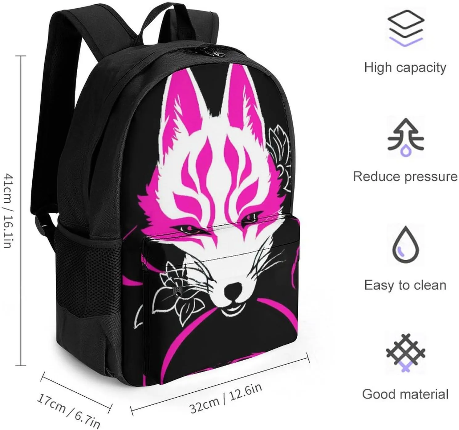 Lightweight Rucksack for Sports Travel Running - Big Capacity Multipurpose Anti-Theft Bookbag, Japanese Kitsune Mask Art Travel and Sport Backpack Rucksack