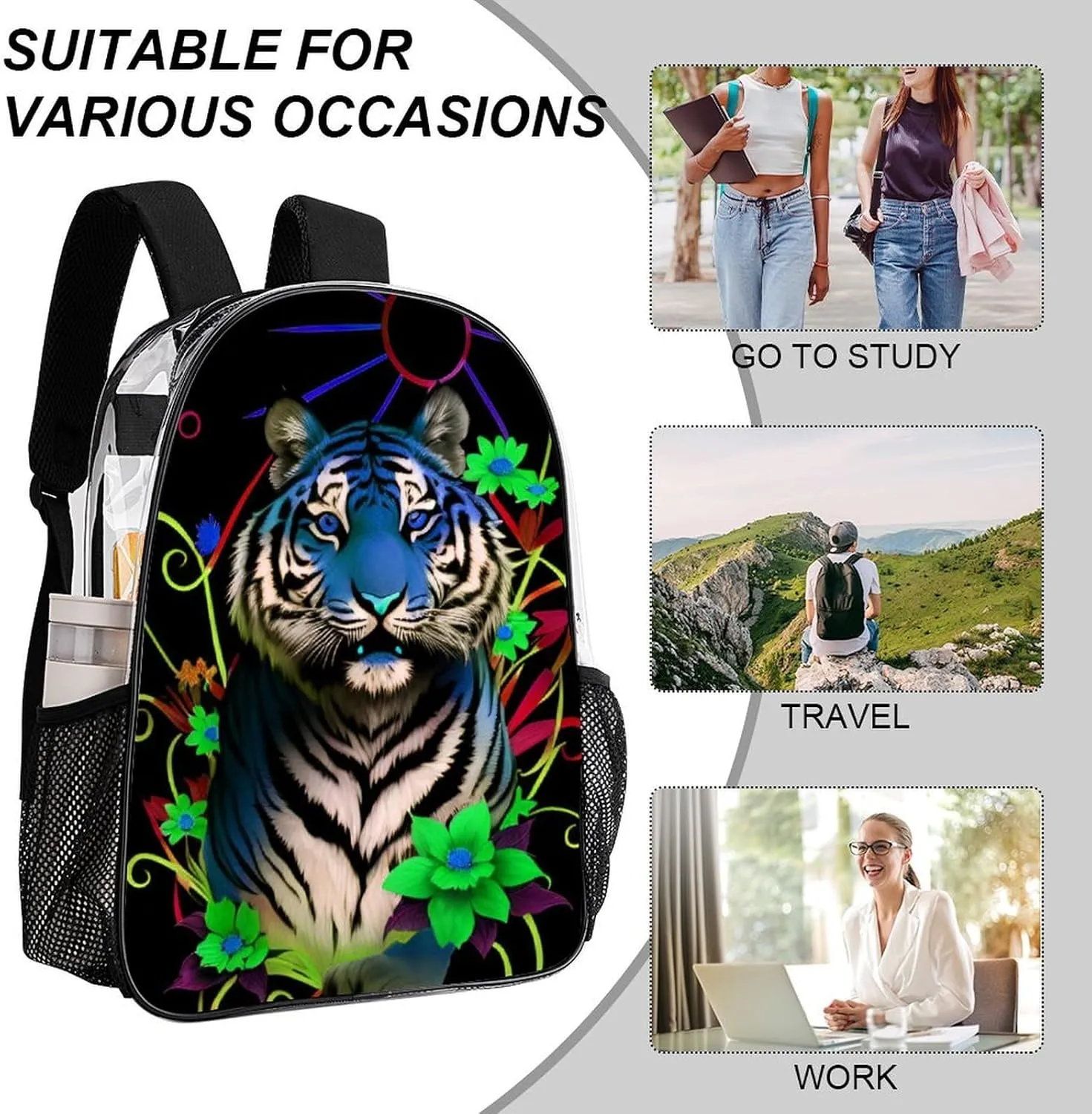 Lightweight Rucksack for Sports Travel Running - Big Capacity Multipurpose Transparent Bookbag, Trippy Tiger Animal Flower Art Travel and Sport Backpack Rucksack