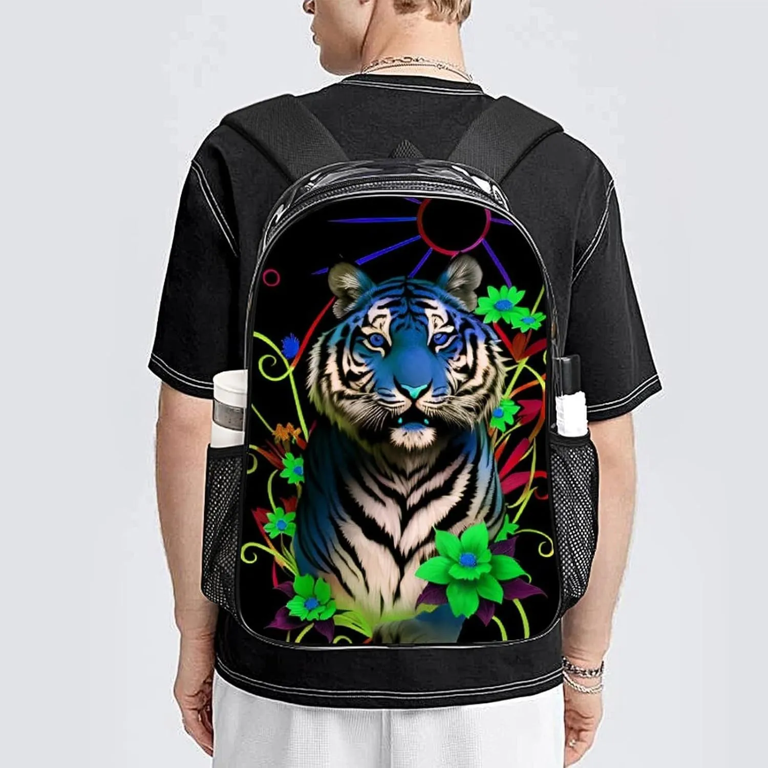 Lightweight Rucksack for Sports Travel Running - Big Capacity Multipurpose Transparent Bookbag, Trippy Tiger Animal Flower Art Travel and Sport Backpack Rucksack
