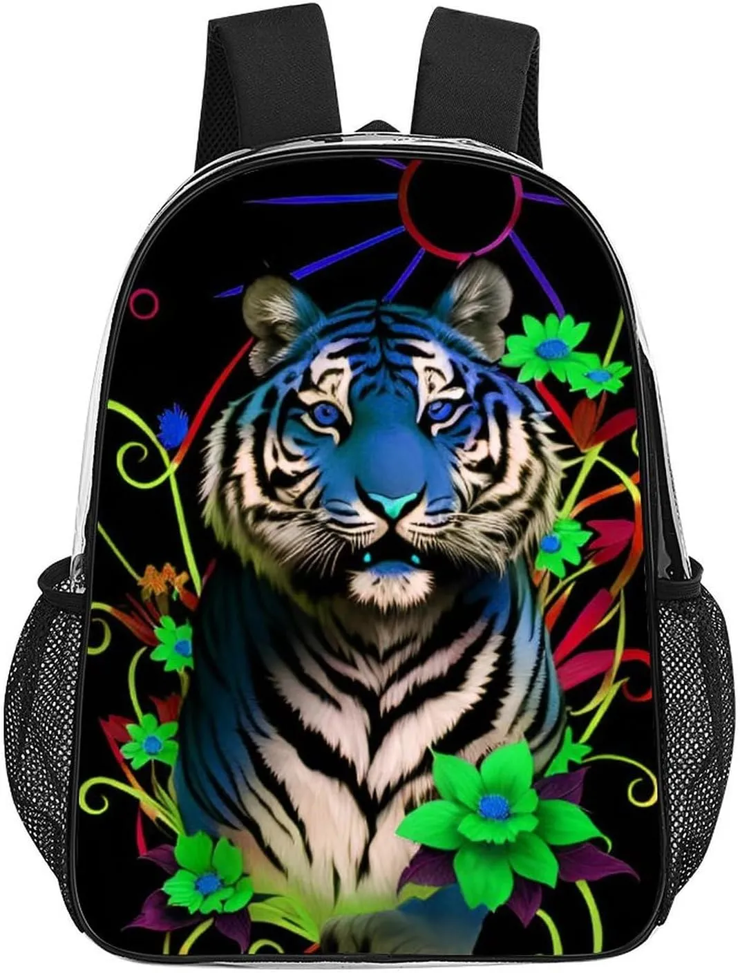 Lightweight Rucksack for Sports Travel Running - Big Capacity Multipurpose Transparent Bookbag, Trippy Tiger Animal Flower Art Travel and Sport Backpack Rucksack