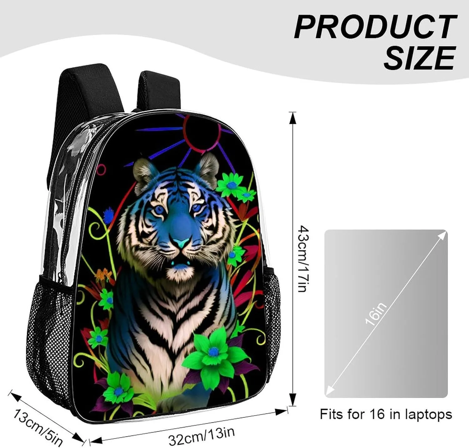 Lightweight Rucksack for Sports Travel Running - Big Capacity Multipurpose Transparent Bookbag, Trippy Tiger Animal Flower Art Travel and Sport Backpack Rucksack