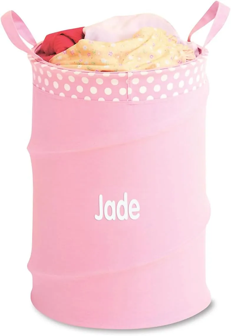 Lillian Vernon Personalized Collapsible Laundry Tote – Customized Portable Garment Storage & Dorm Hamper Bag with Handles, Heavy Duty Cotton Canvas Poly Fabric, Pink, 14” D x 19” H Freestanding Basket