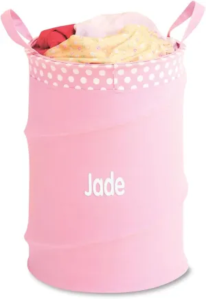 Lillian Vernon Personalized Collapsible Laundry Tote – Customized Portable Garment Storage & Dorm Hamper Bag with Handles, Heavy Duty Cotton Canvas Poly Fabric, Pink, 14” D x 19” H Freestanding Basket