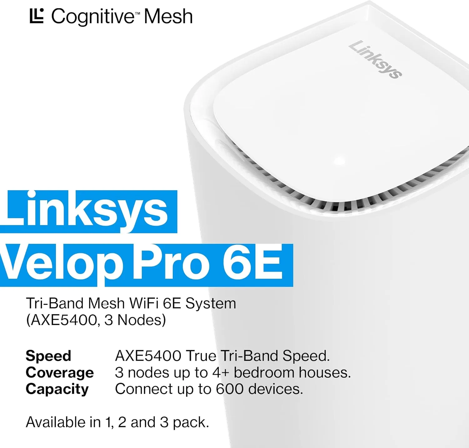 Linksys Velop Pro WiFi 6E Mesh Router - Cognitive Mesh with 6 GHz, 5.4 Gbps Speeds, 9000 sq. ft. Coverage, 200  Devices - 3 Pack (Renewed)