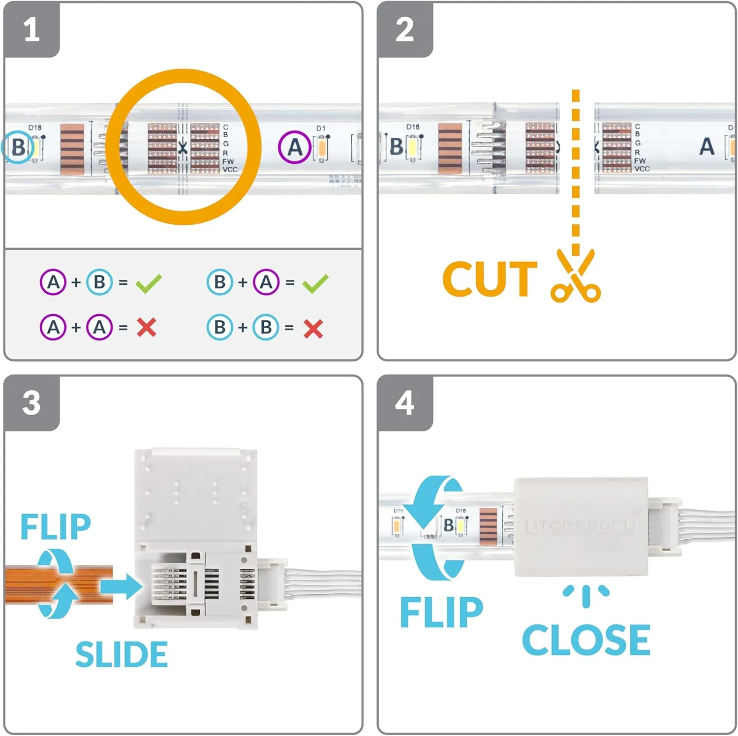 Litcessory 6-Pin to Cut-End Connector Compatible with Philips Hue Light Strip Plus, Hue Bridge & Smart LED Strip Lights – LED Strip Connector for Custom Lighting (4 Pack, White - Micro 6-PIN V4)