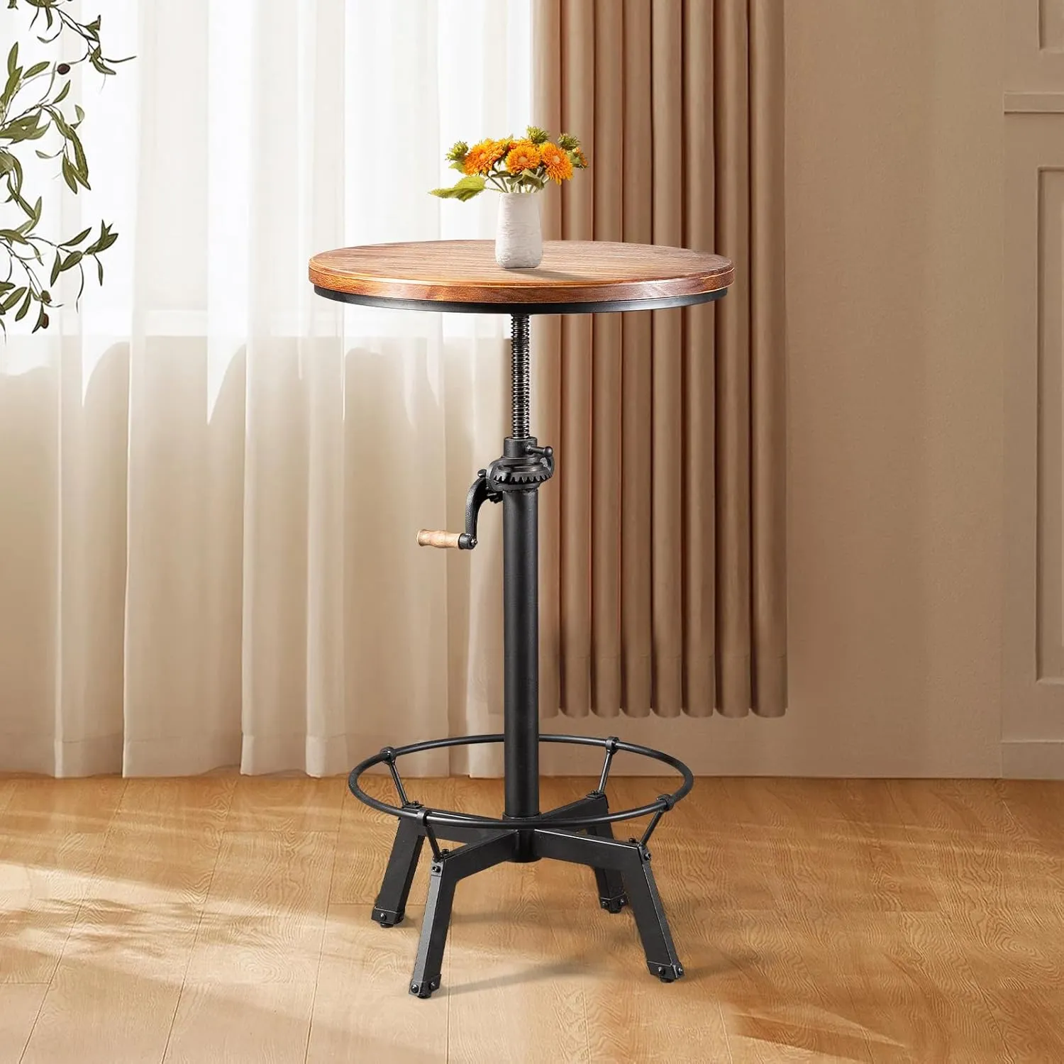 LOKKHAN 33.5-39.4 Inch Tall Industrial Bar Table-Adjustable Bar Height Bistro Whiskey Pub Table-23.7" Dia Swivel Round Wood Top Metal Base-Easily Adjusts by Crank Handle